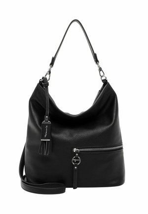 Black leather shoulder bag with silver zipper pocket on front, adjustable strap, and decorative tassel tag hanging from one side.