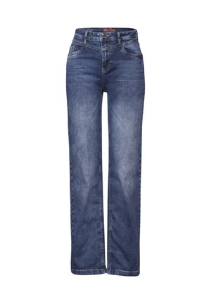 Blue wide-leg jeans made from denim, featuring a high waist, five-pocket design, and subtle fading on the fabric.