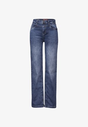 Blaue weite Jeans aus Denim, mit hoher Taille, Fünf-Taschen-Design und subtiler Verwaschung des Stoffes.