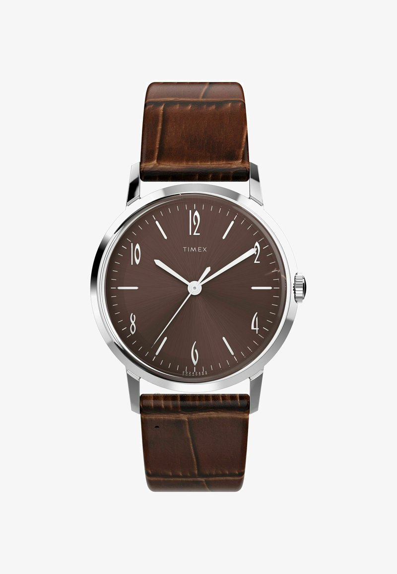Brown dial watch with silver stainless steel case. Brown crocodile texture leather strap. White Arabic hour markers. Simple design.