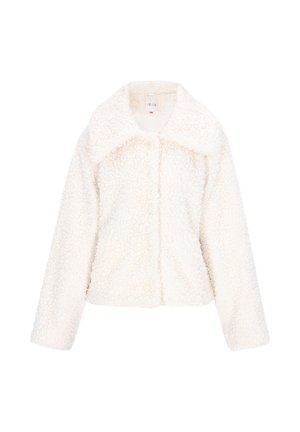 Krémtónú, rövid fazonú műszőrme dzseki, nagy gallérral és gombos zárással. Puha tapintás, göndör mintázattal az egész felületen.