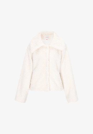 Valge faux karusnahk jakk, millel on lühike disain, suur krae ja nupuga kinnitamine. Pehme tekstuur, millel on üle kogu pinna lokkis muster.