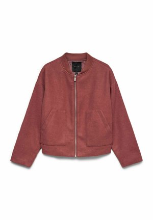 Bomber jacket rosa polvere con cerniera, colletto a costine e due tasche frontali, esposto in piano su uno sfondo bianco.