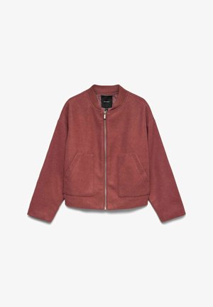 Putekļainā rozā zip-up bomber stila jaka ar ribām ap kaklu un divām priekšējām kabatām, attēlota izliekta uz balta fona.