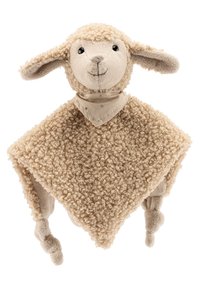 Beige plush lamb-shaped toy with soft, textured fur, a triangular scarf, and embroidered facial features. Arms extend to the sides.