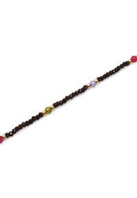 Pulsera marrón de cuentas con acentos coloridos alternos en rosa, morado y verde, con pequeños separadores de metal dorado.