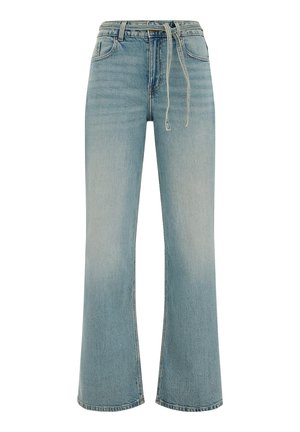 Gaiši zilas augsta vidukļa platas kājas džinsi ar priekšējām kabatām, jostas cilpām, pogas un rāvējslēdzēja aizdari, kā arī ar auklas jostu.