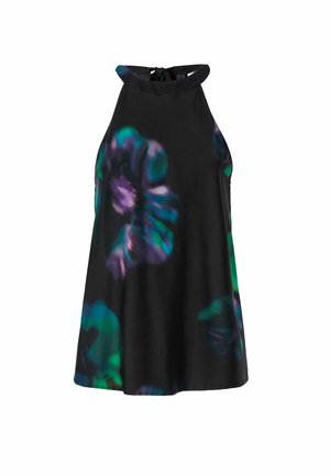 Haut halter noir à coupe ample, arborant des motifs floraux vibrants dans des nuances de vert et de violet, avec une finition à lien au cou.
