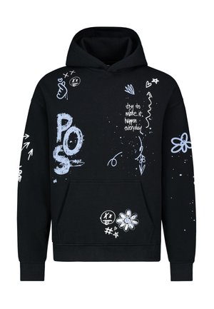 Schwarzer Hoodie aus Baumwolle mit einer Fronttasche. Verfügt über blaue und weiße grafische Designs, einschließlich Text, Blumen und abstrakten Formen.
