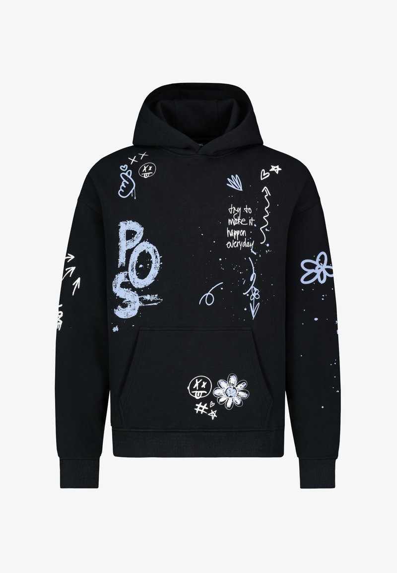 Schwarzer Hoodie aus Baumwolle mit einer Fronttasche. Verfügt über blaue und weiße grafische Designs, einschließlich Text, Blumen und abstrakten Formen.