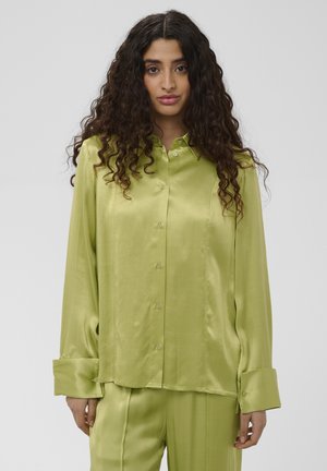 Femme aux longs cheveux bouclés, vêtue d'une chemise ample en satin vert clair à boutons et d'un pantalon assorti sur un fond uni.