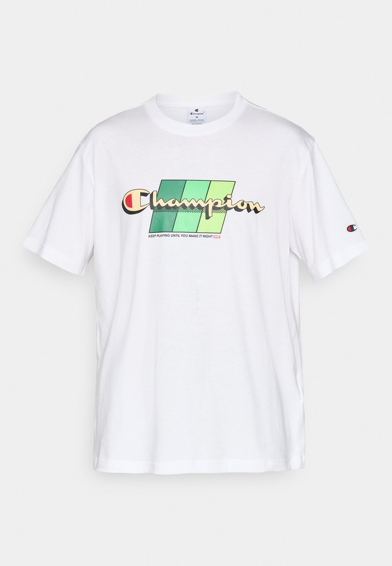 Camiseta de algodón blanca con un logo y eslogan multicolores de "Champion". Cuello redondo clásico y mangas cortas. Diseño sencillo.