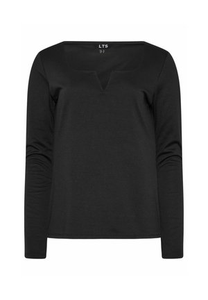 Czarny top z długim rękawem o kwadratowym dekolcie i małym detalem w kształcie V z przodu. Wykonany z gładkiego, elastycznego materiału o dopasowanym kroju.