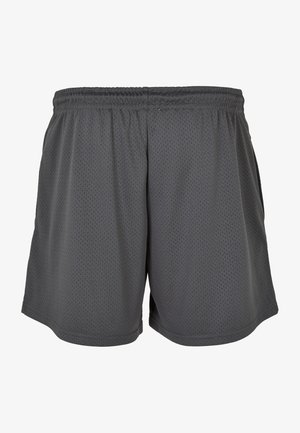 Szare spodenki sportowe z przewiewnej siateczki, z szerokim elastycznym paskiem w talii oraz otwartą nogawką bez widocznych kieszeni.