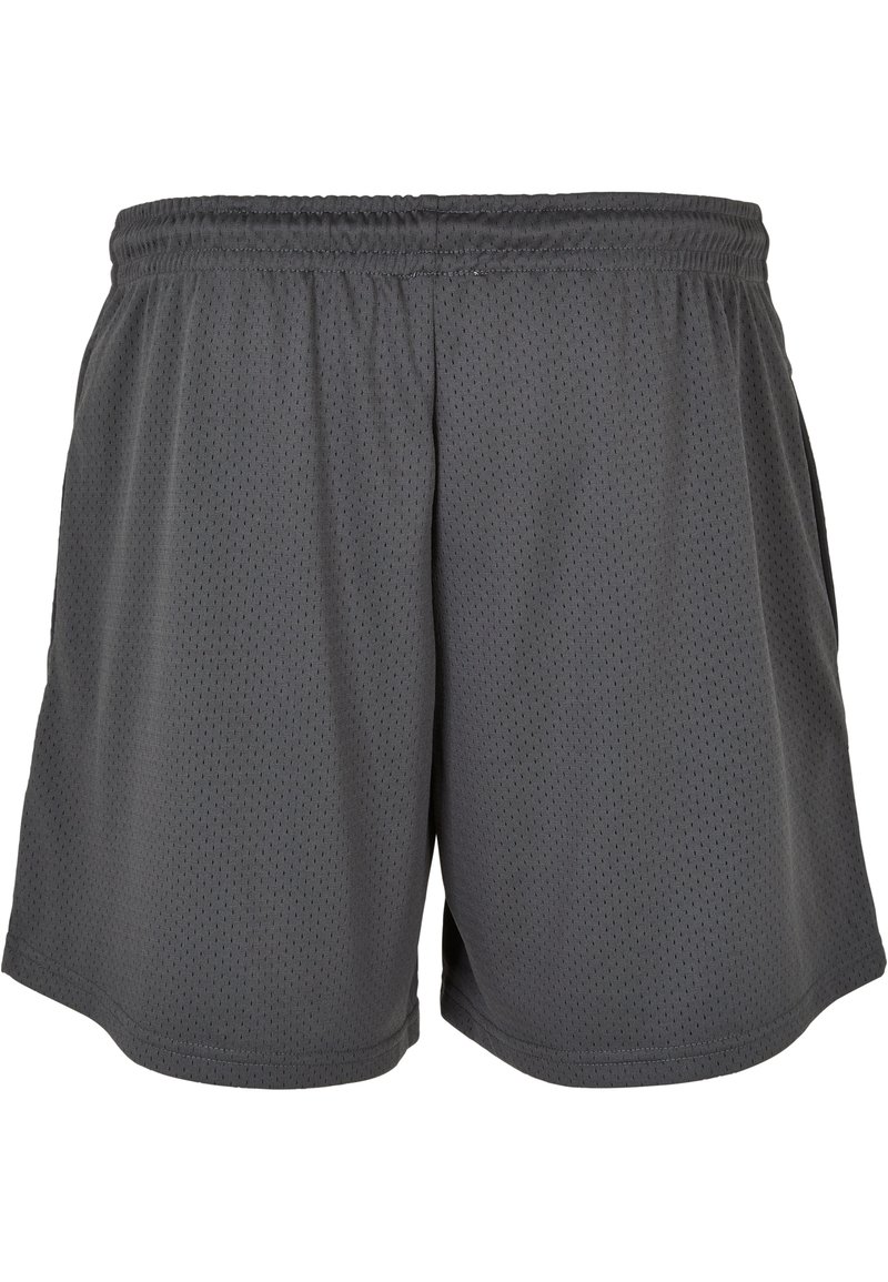 Shorts de sport gris en tissu en maille respirant, dotés d'une large taille élastique et d'un design de jambes ouvertes sans poches visibles.