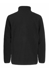 Veste en polaire noire avec un col montant, surface texturée et manches longues. Présente une coupe droite sans poches ni détails visibles.