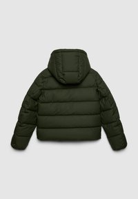 Giacca imbottita verde scuro, lunghezza corta, motivo trapuntato, design con cappuccio, polsini elastici e texture liscia.