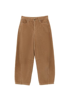 Braune Cordhose mit weitem Bein in Breitcord-Optik und strukturierter Oberfläche, ausgestattet mit zwei Vordertaschen und einem Knopfverschluss am Bund.
