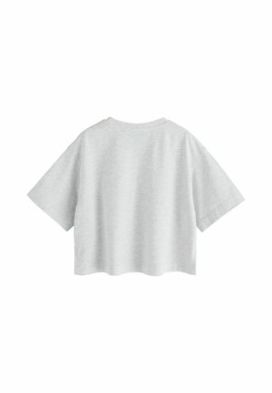 Szürke, rövid ujjú, croptop t-shirt, puha pamutból készült, kerek nyakkivágással és sima, egyszínű textúrával. Nincsenek minták vagy díszítések.