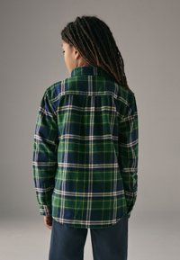 Zaļš un tumši zils rūtainas flaneļa krekls ar baltām un dzeltenām akcentēm, ar standarta apkakli un garām piedurknēm, redzams no muguras puses.