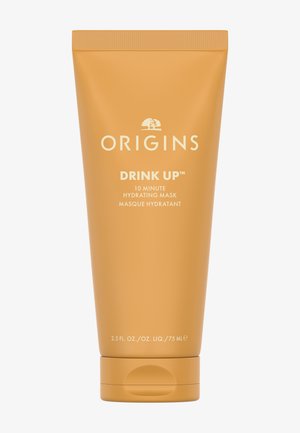 Origins Drink Up™ 10 minuutin kosteuttava naamio mattaoranssissa tuubissa, jossa on käännettävä kansi ja valkoista tekstiä sekä tuotetietoja.