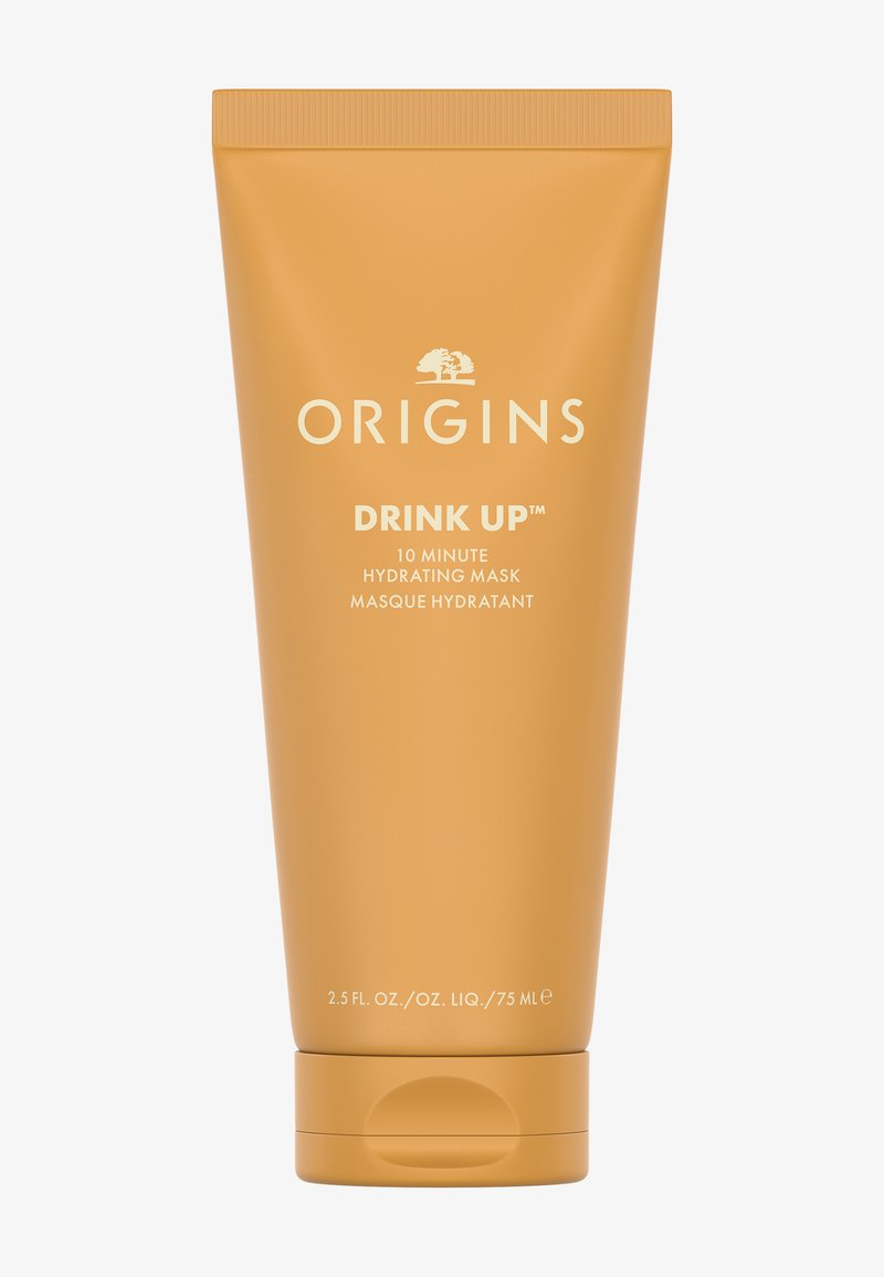 Origins Drink Up™ 10 Minute Hydrating Mask in een matte oranje tube met een flip-top dop, met witte tekst en productdetails.
