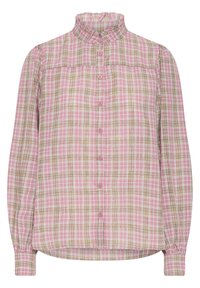 Chemise à carreaux roses à manches longues, col monté à volants, boutonnée à l'avant, avec poignets élastiques. Présente des accents jaunes et bruns dans le motif.