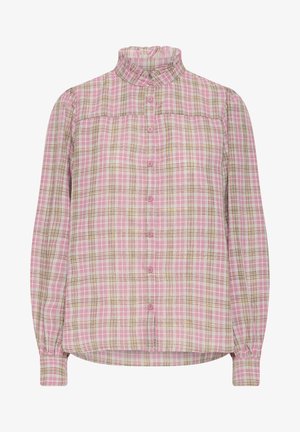 Roosa ruuduline särk pikkade varrukatega, kõrge volditud kaelusega, ees nööbitav ja elastsete mansettidega. Muster sisaldab kollaseid ja pruunikaid aktsente.