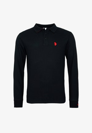 Polo noir à manches longues avec un col à trois boutons et un petit logo rouge brodé sur la poitrine gauche.