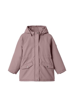 Kinderjacke in Mauve mit Kapuze, vorne mit Druckknöpfen und zwei schrägen Taschen mit Klappen.