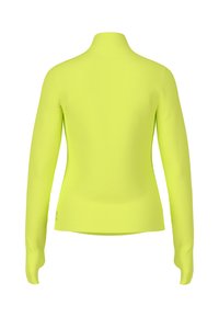 Long-sleeve, high-neck top in bright neon yellow. Smooth texture and form-fitting design with no visible patterns or hardware.
