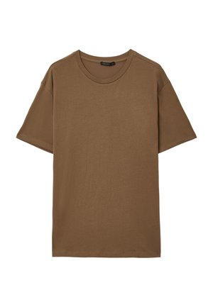 T-shirt marrone a maniche corte con colletto rotondo e design semplice, mostrato su uno sfondo bianco.