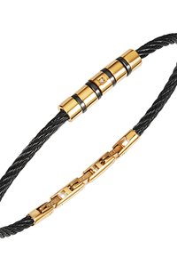 Czarny pleciony kabel bransoletka z goldowymi akcentami i centralnym złotym zapięciem z czarnymi paskami oraz diamentowym detalem.