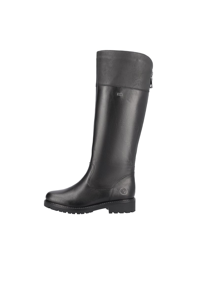 Zwarte waterdichte kniehoog laars gemaakt van glad leer met een ronde teen, rubberen zool, zijrits en een subtiele logo-accent.