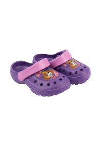 Purple plastic clogs with a pink strap and a cartoon character design on the upper. Features ventilation holes for breathability.