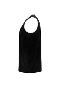 Schwarzes ärmelloses Netz-Tanktop mit rundem Halsausschnitt und kontrastierendem weißen Saum an den Armausschnitten und dem Hals. Lockerer Schnitt.
