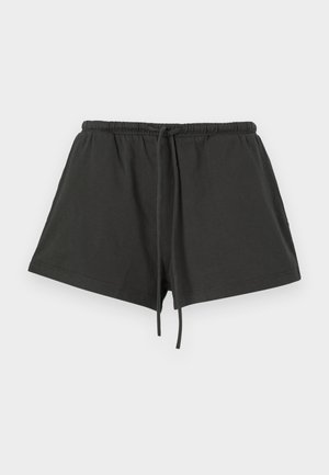 Zwarte katoenen shorts met een elastische tailleband en een trekkoord, met een eenvoudig ontwerp en een zachte textuur. Korte lengte en geen patronen.