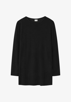 Cămașă neagră cu mâneci lungi, confecționată dintr-un material moale, cu o guler rotund și o croială lejeră, fără modele sau embellishments vizibile.