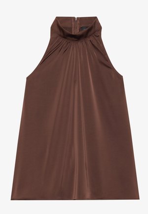 Brown sleeveless top with a high collar, gathered neckline, zip closure at the back, and smooth, soft fabric texture.