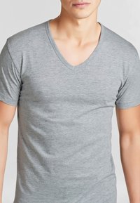 T-shirt grigia a maniche corte con scollatura a V, realizzata in tessuto morbido, caratterizzata da un design semplice con una texture liscia e senza pattern o dettagli visibili.