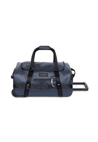 Sac de sport flexible en nylon bleu foncé avec des accents noirs, poignées doubles, sangles ajustables, poche zippée à l'avant et poignée rétractable.