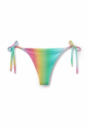 Parte inferior de bikini con degradado de colores del arcoíris que presenta un diseño de croché texturizado, lazos ajustables a los lados y un corte bajo.