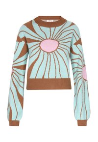 Pullover lavorato a maglia in blu chiaro con motivo floreale marrone e rosa, con polsini e orlo a coste. Stile corto, texture morbida, vestibilità rilassata.