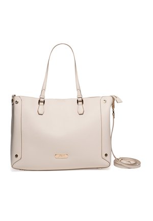 Borsa tote rettangolare in pelle color crema con doppi manici, ferrature color oro e tracolla rimovibile arrotolata accanto.
