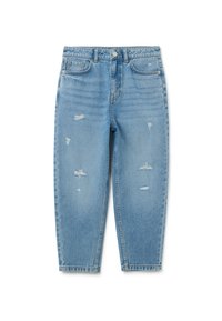 Jeans de mezclilla azul claro con un corte relajado, que presentan detalles desgastados, bolsillos frontales y un cierre de cremallera con botón.