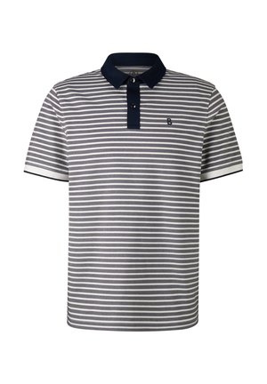 Striped polo shirt in navy and white. Short sleeves, a dark collar with two buttons, and a small embroidered logo on the chest.