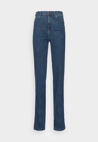 Mörkblå denimjeans med hög midja, raka ben och kontrasterande sömmar. Har en knappstängning fram och bälteshällor.