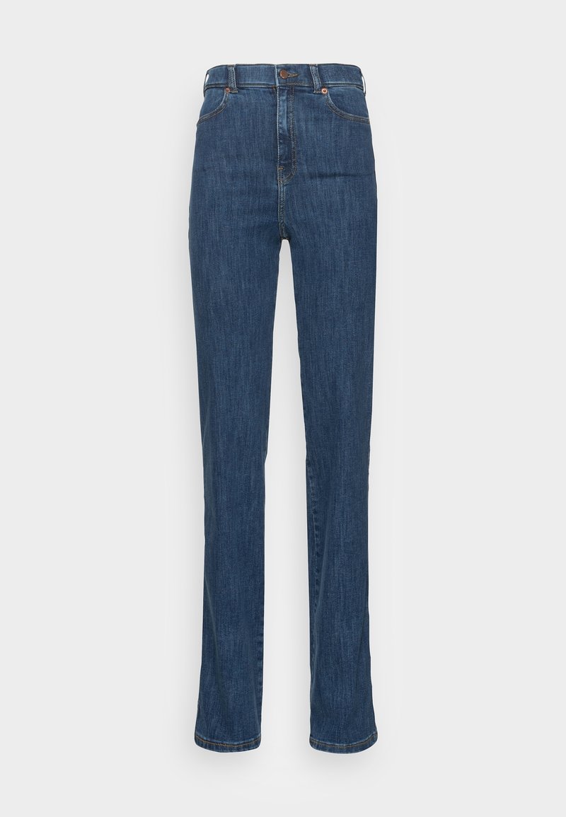 Jean en denim bleu foncé avec une taille haute, un design à jambe droite et des détails de couture contrastants. Dispose d'une fermeture à bouton à l'avant et de passants de ceinture.