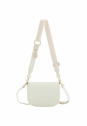Cream faux leather crossbody bag with a curved shape, adjustable strap, and gold-tone hardware details. Features a side handle for versatility.