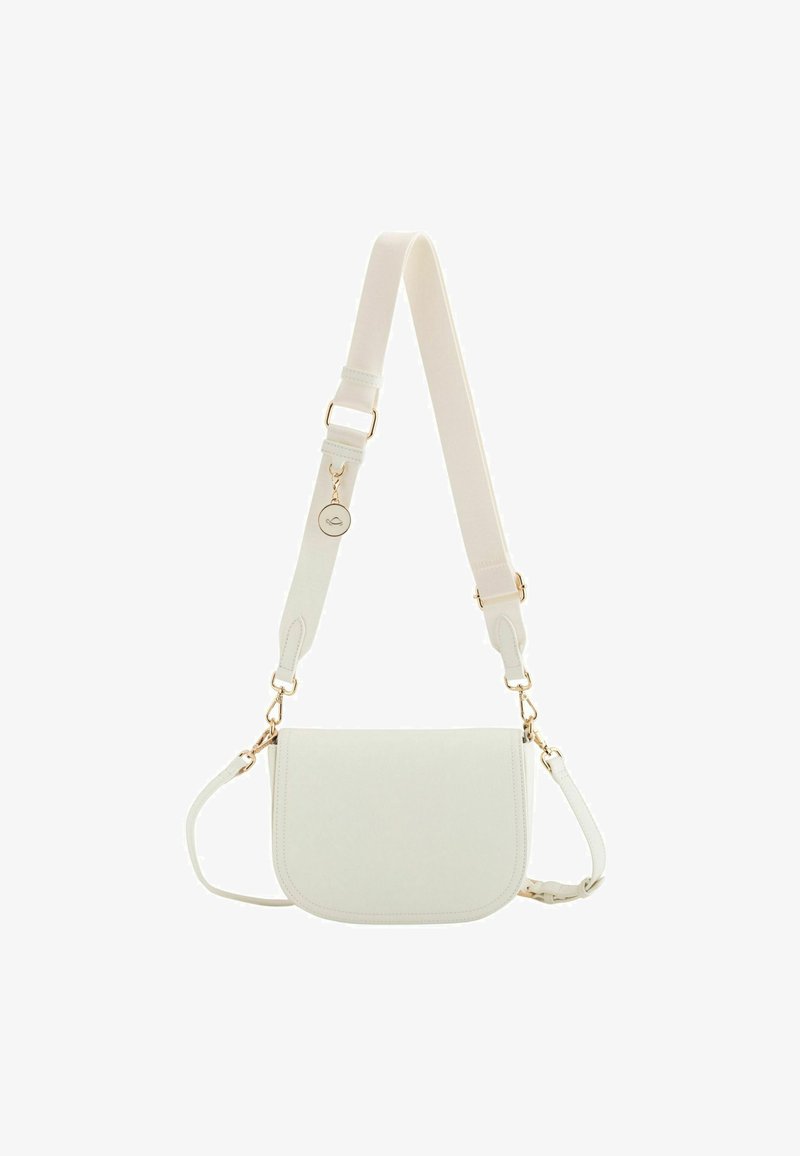 Krémová crossbody taška z umělé kůže s zakřiveným tvarem, nastavitelným popruhem a zlatými detaily. Obsahuje postranní rukojeť pro větší variabilitu.